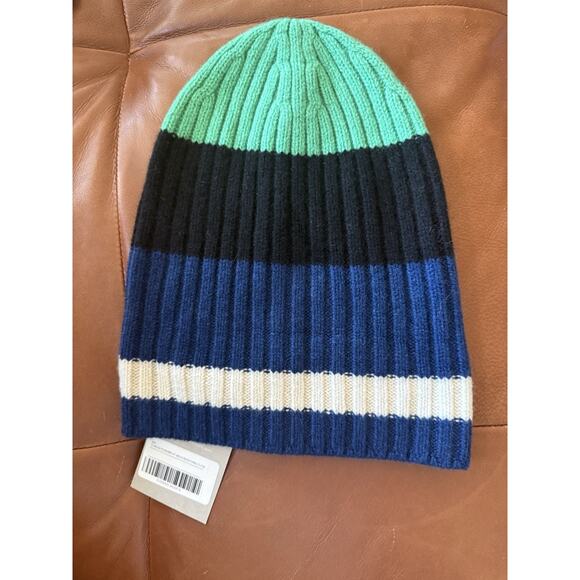 NWT EVERLANE Beanie Hat Unisex Cashmere Wool Striped Winter Green Blue White OS - Picture 2 of 5